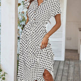 Polka Dot Midi Dress with Drawstring Waist