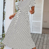 Polka Dot Midi Dress with Drawstring Waist