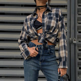Navy Beige Plaid Oversized Flannel Shirt