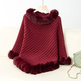 Textured Knit Poncho with Faux Fur