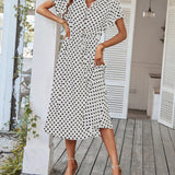 Polka Dot Midi Dress with Drawstring Waist