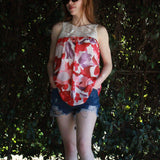Crochet Yoke Watercolor Floral Sleeveless Blouse