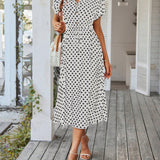 Polka Dot Midi Dress with Drawstring Waist
