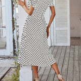 Polka Dot Midi Dress with Drawstring Waist