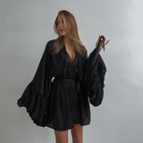 Satin V-Neck Dress with Bell Sleeves