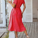 Polka Dot Midi Dress with Drawstring Waist