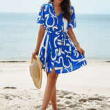 Abstract Printed Tiered Shirt Dress
