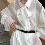 Sheer Tencel Bow-Tie Blouse with Flared Cuffs