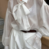 Sheer Tencel Bow-Tie Blouse with Flared Cuffs