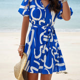 Abstract Printed Tiered Shirt Dress