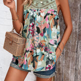 Crochet Yoke Watercolor Floral Sleeveless Blouse