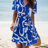 Abstract Printed Tiered Shirt Dress