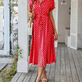 Polka Dot Midi Dress with Drawstring Waist