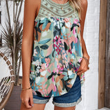 Crochet Yoke Watercolor Floral Sleeveless Blouse