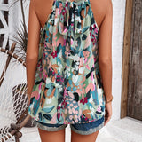 Crochet Yoke Watercolor Floral Sleeveless Blouse