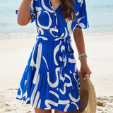 Abstract Printed Tiered Shirt Dress