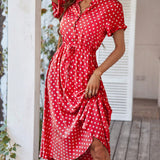 Polka Dot Midi Dress with Drawstring Waist