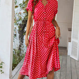 Polka Dot Midi Dress with Drawstring Waist