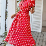 Polka Dot Midi Dress with Drawstring Waist