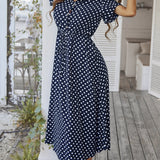 Polka Dot Midi Dress with Drawstring Waist