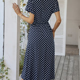 Polka Dot Midi Dress with Drawstring Waist