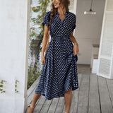 Polka Dot Midi Dress with Drawstring Waist