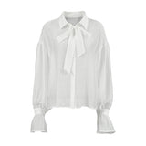 Sheer Tencel Bow-Tie Blouse with Flared Cuffs