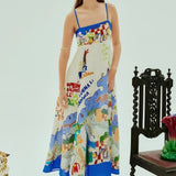 Strap graffiti cotton linen dress