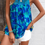 Crochet Yoke Watercolor Floral Sleeveless Blouse