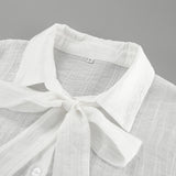 Sheer Tencel Bow-Tie Blouse with Flared Cuffs