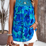 Crochet Yoke Watercolor Floral Sleeveless Blouse