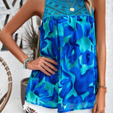 Crochet Yoke Watercolor Floral Sleeveless Blouse