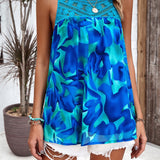 Crochet Yoke Watercolor Floral Sleeveless Blouse