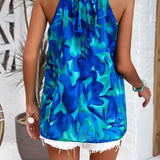 Crochet Yoke Watercolor Floral Sleeveless Blouse