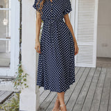 Polka Dot Midi Dress with Drawstring Waist