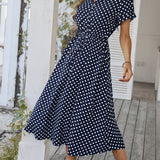 Polka Dot Midi Dress with Drawstring Waist