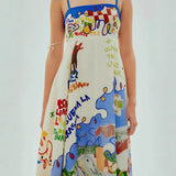 Strap graffiti cotton linen dress