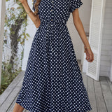 Polka Dot Midi Dress with Drawstring Waist