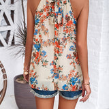 Crochet Yoke Watercolor Floral Sleeveless Blouse