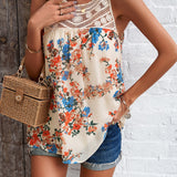 Crochet Yoke Watercolor Floral Sleeveless Blouse