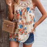 Crochet Yoke Watercolor Floral Sleeveless Blouse