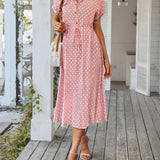 Polka Dot Midi Dress with Drawstring Waist