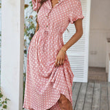 Polka Dot Midi Dress with Drawstring Waist