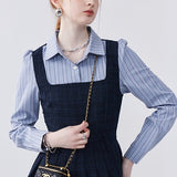 Striped Lapel Patchwork Dress