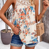 Crochet Yoke Watercolor Floral Sleeveless Blouse