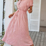 Polka Dot Midi Dress with Drawstring Waist