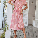 Polka Dot Midi Dress with Drawstring Waist