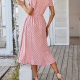 Polka Dot Midi Dress with Drawstring Waist