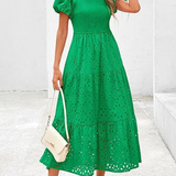 Embroidered Puff Sleeve Smocked Midi Dress