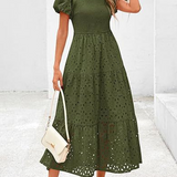Embroidered Puff Sleeve Smocked Midi Dress